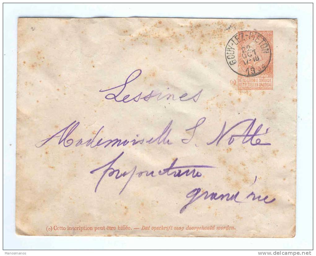 231/16 -  Entier Postal Enveloppe Fine Barbe GOUY LEZ PIETON 1902 Vers LESSINES - Verso Roulettes Croisées - Briefe