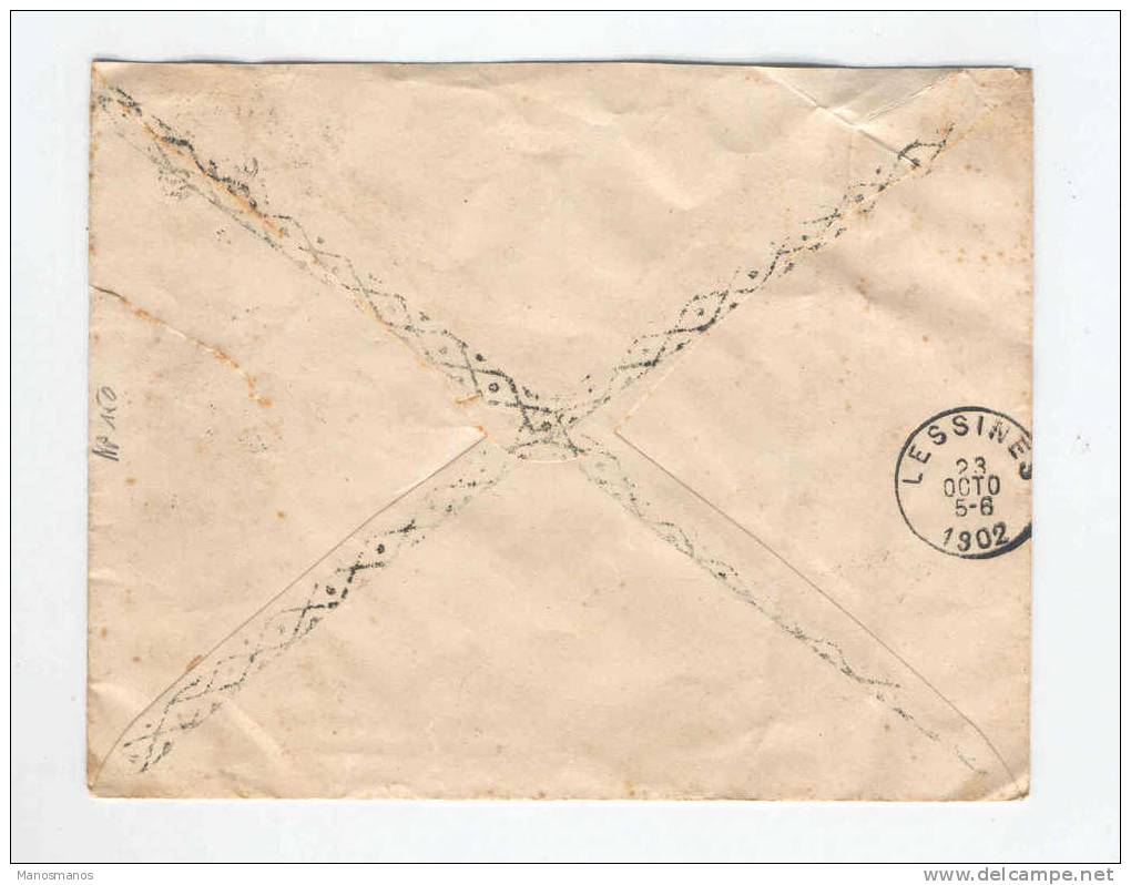 231/16 -  Entier Postal Enveloppe Fine Barbe GOUY LEZ PIETON 1902 Vers LESSINES - Verso Roulettes Croisées - Covers