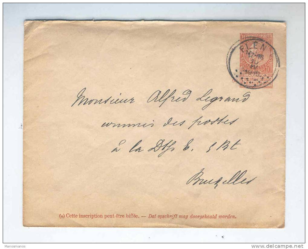 232/16 -  Entier Postal Enveloppe Fine Barbe Grand Cachet FLENU 1913 Vers BXL - TRES RARE Avec Fine Barbe - Omslagen