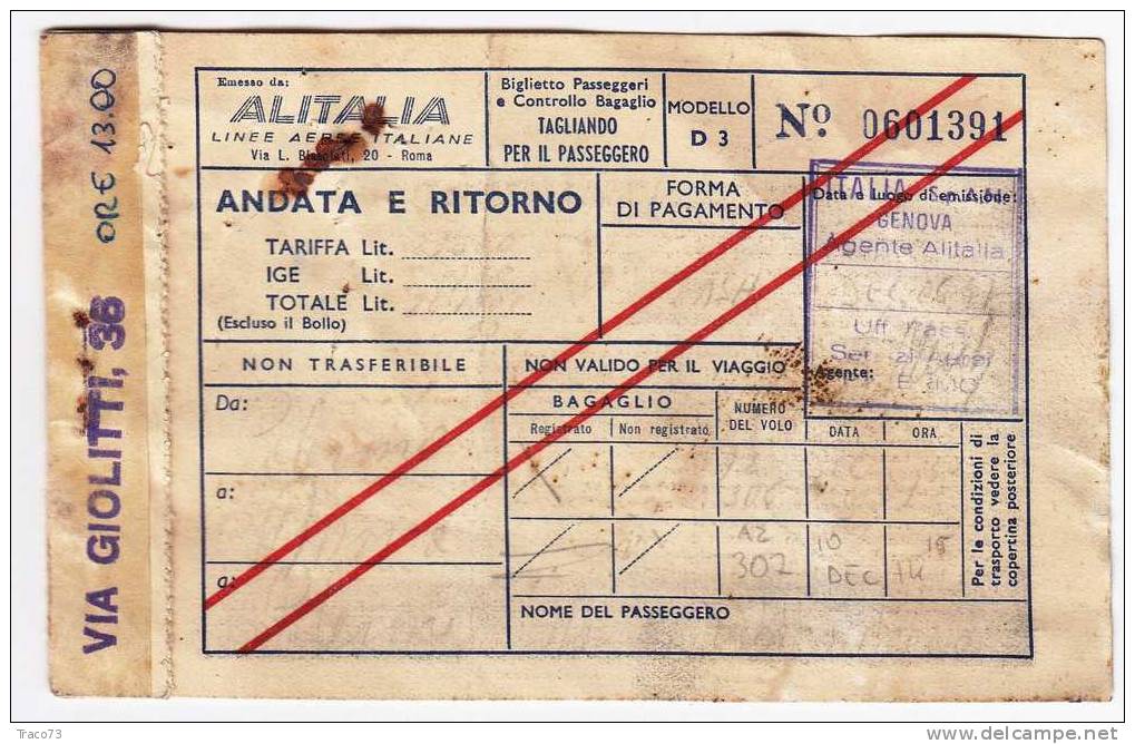 PALERMO  /  ROMA   A.R.  - Biglietto Aereo " ALITALIA "  - 26  Dic. 1947? - Europe