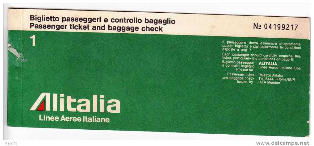 Palermo  /  Roma  - Biglietto Aereo " ALITALIA "  -  2  Luglio 1976 - Europe