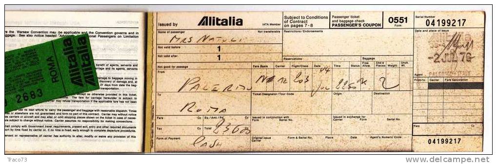 Palermo  /  Roma  - Biglietto Aereo " ALITALIA "  -  2  Luglio 1976 - Europe