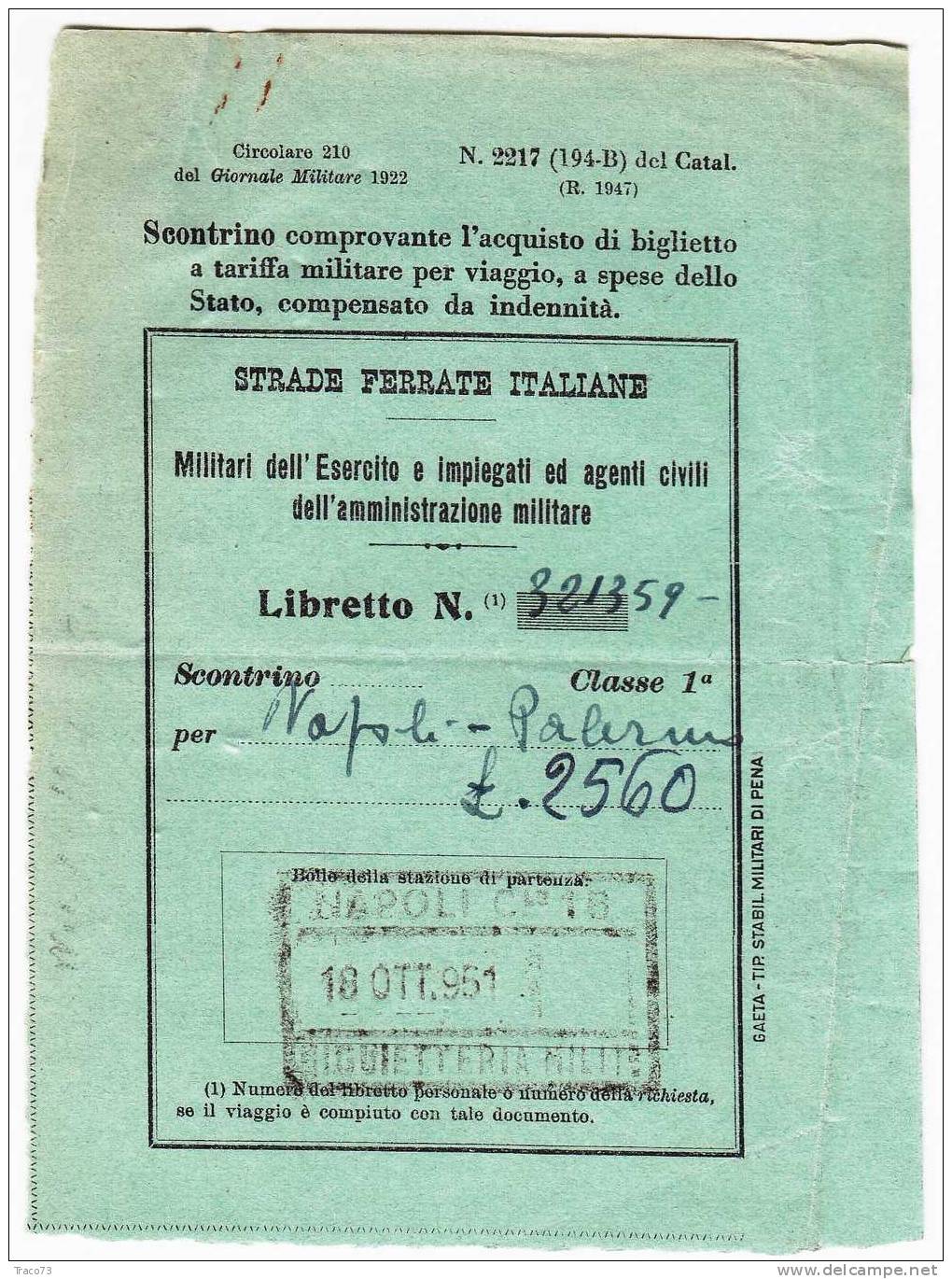 NAPOLI  /  PALERMO  -  Biglietto Scontrino 1^ Classe  -  18  Ottobre 1951 - Europa