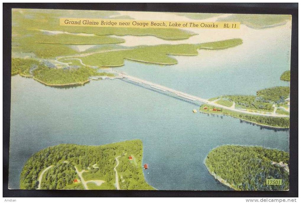 USA - Grand Glaize Bridge, Lake Ozarks Missouri, MO Panoramic Aerial View  Ca.1940s Linen Postcard - Autres & Non Classés