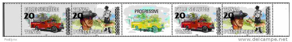 TONGA 1997 Fireman Police Dog Truck OVPT:new Values .se-tenant Strip #1/2 SIDE MARG.w.Progressive PROOF [épreuve] - Camions