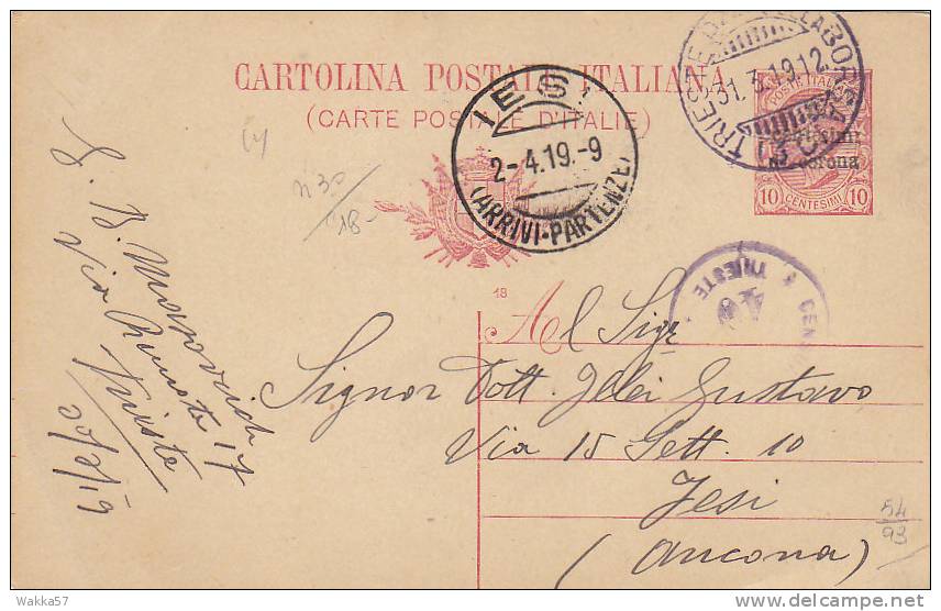 F-0489- Soprastampa 10 Cent. Di Corona Su Intero Postale Italia 1919 - Trentin & Trieste