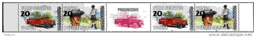 TONGA 1997 Fireman Police Dog Truck OVPT:new Values .se-tenant Strip #3 SIDE MARG.w.Progressive PROOF  [épreuve] - Tonga (1970-...)