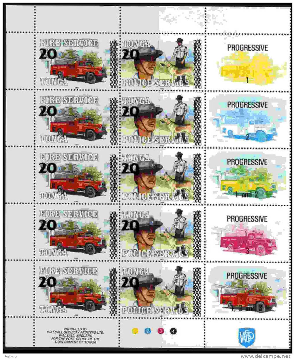 TONGA 1997 Fireman Police Dog Truck OVPT:new Value .se-tenant 10-BLOCK CORNER+LEFT SIDE MARG.+progs PROOFS - Tonga (1970-...)