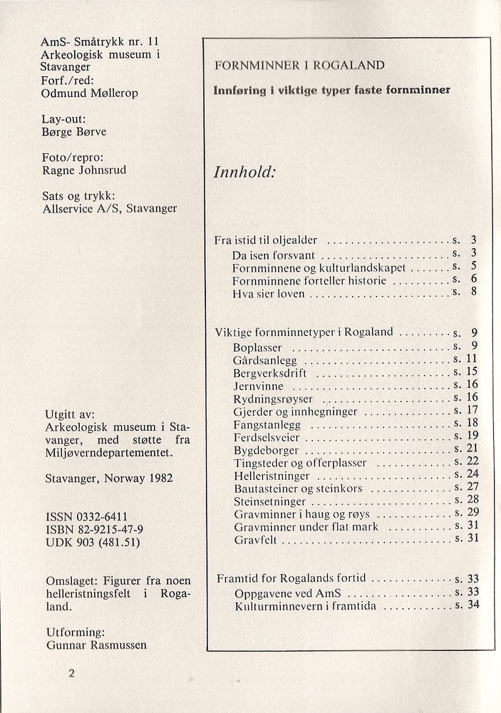 AmS-Smaatrykk N° 11 (1982) : Fornminner In Rogaland [vestiges Préhistoriques Dans Le Rogaland] - Musée Stavanger - Cultura