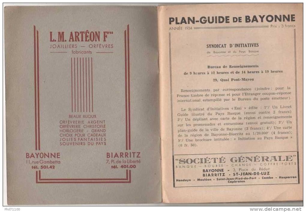 PLAN GUIDE DE BAYONNE SYNDICAT D´INITIATIVES PUBLICITAIRE BANQUES DIVERSES IZARRA LIQUEURS - Bayonne