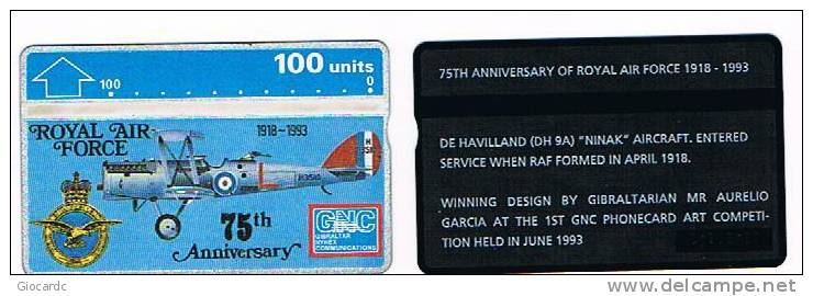 GIBILTERRA (GIBRALTAR) - L & G - 1993 AEREI: 75^ ANNIV. RAF (DE HAVILLAND DH 9A 'NINAK' AIRCRAFT ) - MINT** - RIF. 3826 - Gibraltar