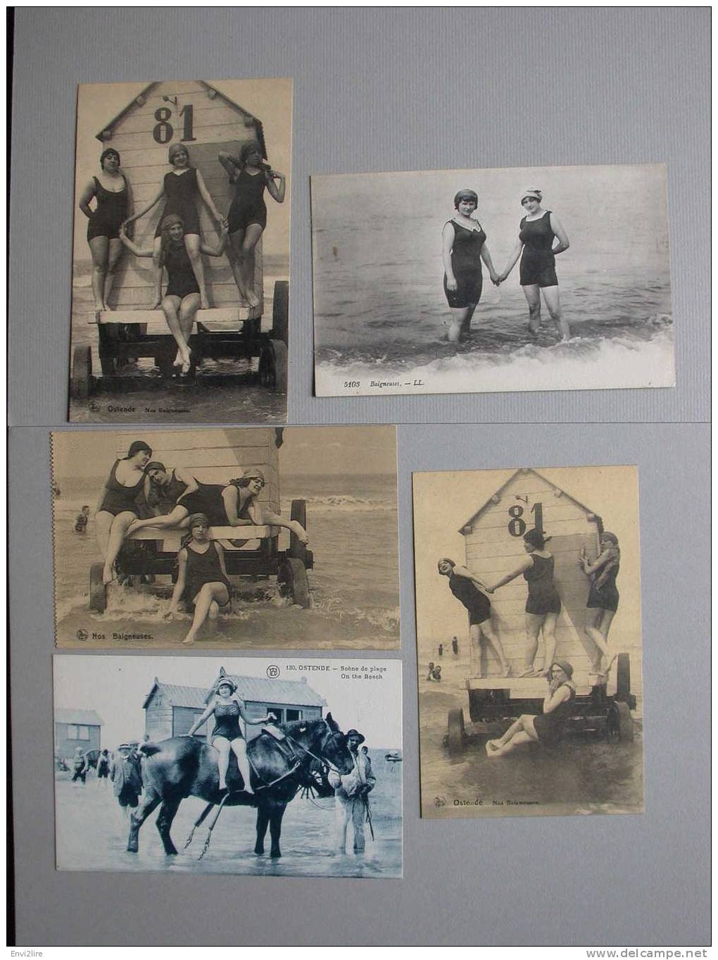 Ref873 Lot De 5 Cpa Animees. Ostende, Nos Baigneuses, Scenes De Plage, Femme Maillot Bain, Cheval, Chariot. Nels, LL, WB - Oostende