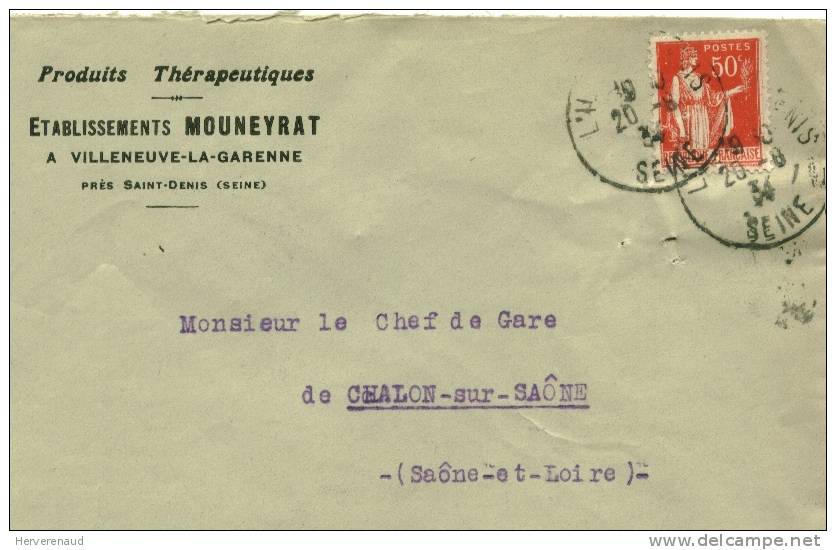 Paix N°283 Sur Lettre Des Ets Mouneyrat à Villeneuve-la-Garenne, Pour Chalon-sur-Saône - 1932-39 Vrede