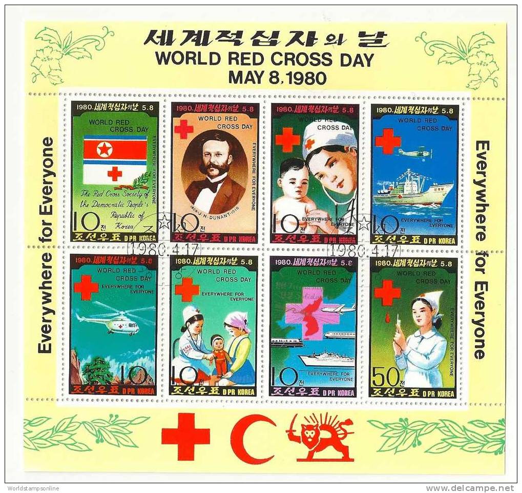 Korea (DPRK), Year 1980, 8 Stamps In Block, Mi Block 71, Red Cross, Cancelled Unused - Korea (Nord-)