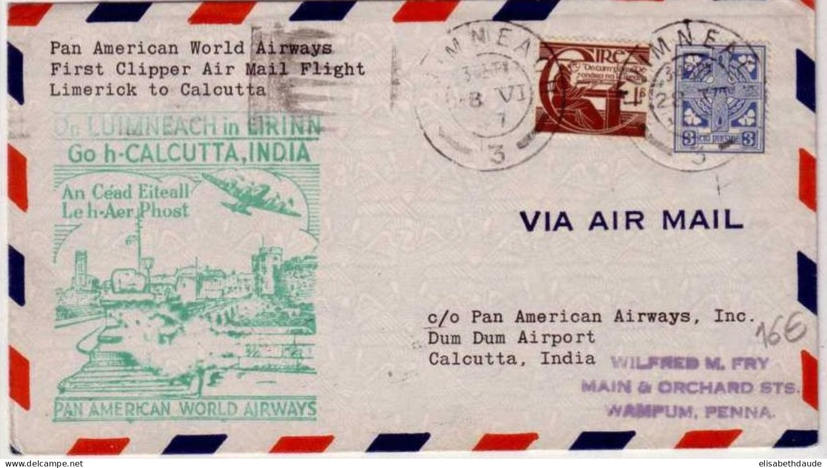 IRLANDE -1947- LETTRE PAR AVION De LUIMNEACH Pour CALCUTTA (INDE) - 1° LIAISON AERIENNE (FIRST FLIGHT AIR MAIL SERVICE) - Lettres & Documents