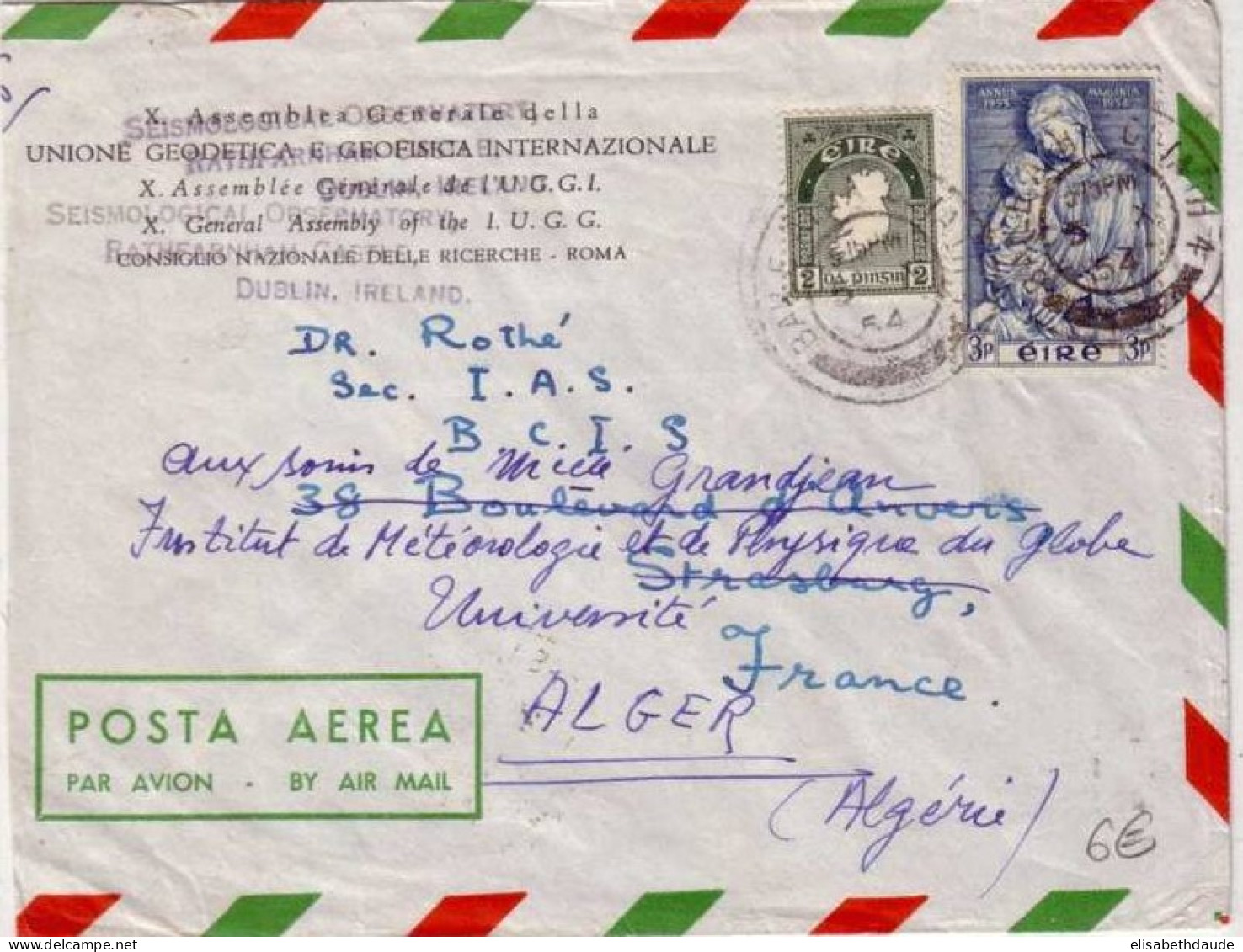 IRLANDE -1954- LETTRE PAR AVION Pour STRASBOURG (ALSACE) - REEXPEDITION à ALGER (ALGERIE) - Briefe U. Dokumente