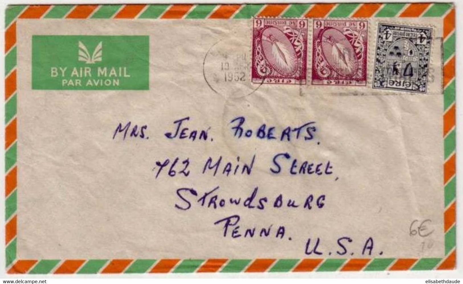 IRLANDE -1952- LETTRE PAR AVION Pour STROWDSBURG (USA) - Briefe U. Dokumente