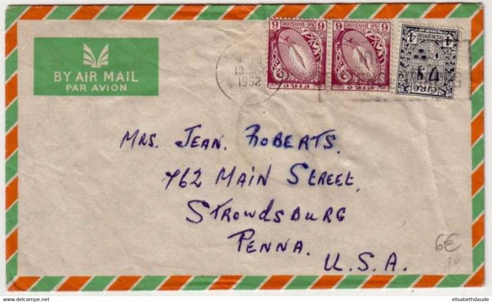 IRLANDE -1952- LETTRE PAR AVION Pour STROWDSBURG (USA) - Covers & Documents