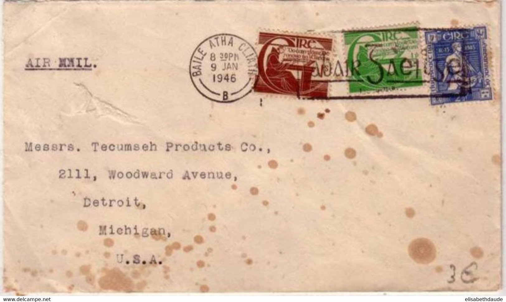 IRLANDE - 1946 - LETTRE PAR AVION Pour DETROIT (USA) - Briefe U. Dokumente