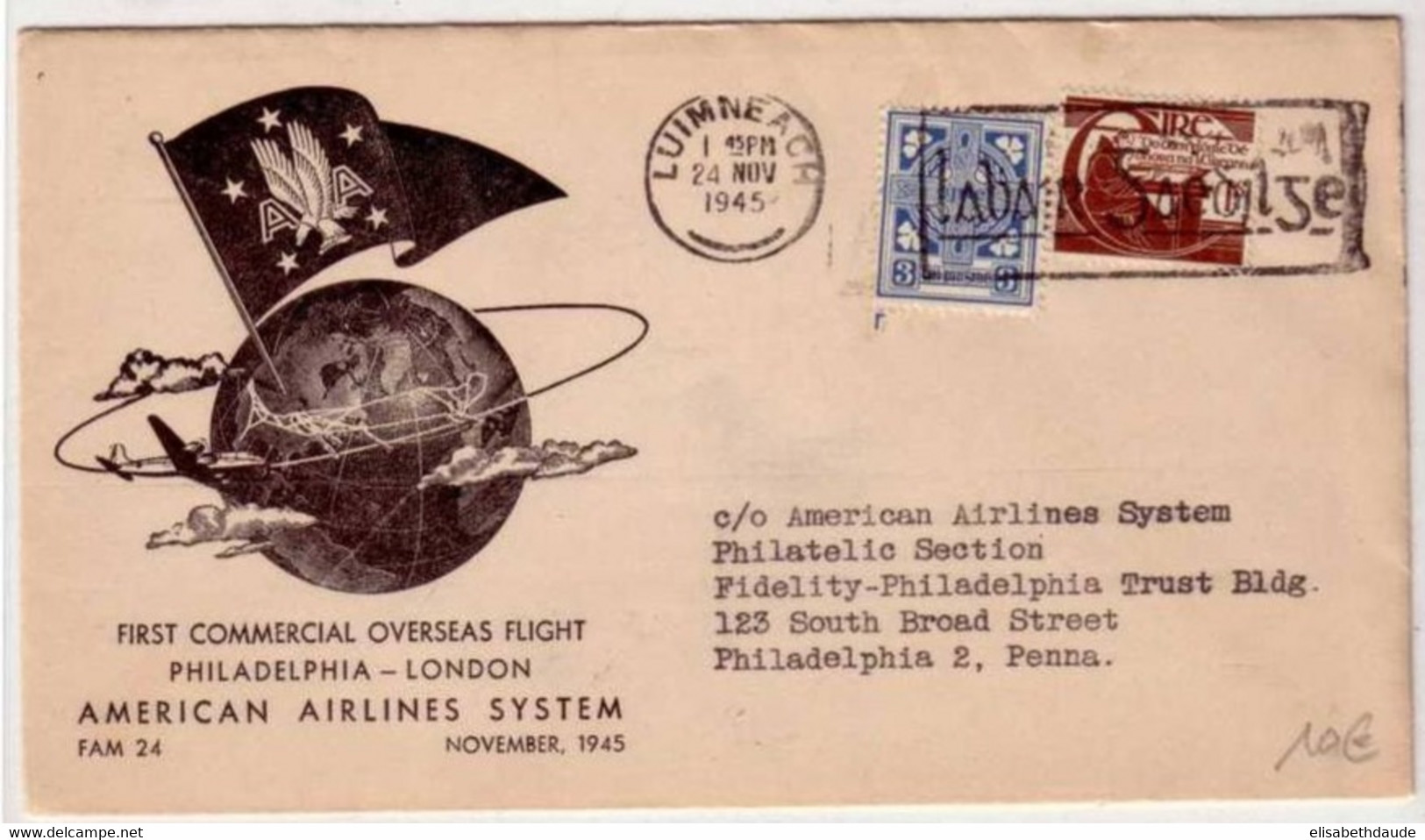 IRLANDE - 1945 - LETTRE De LUIMNEACH Pour PHILADELPHIA (USA) - LIAISON AERIENNE AMERICAN AIRLINES SYSTEM - Lettres & Documents