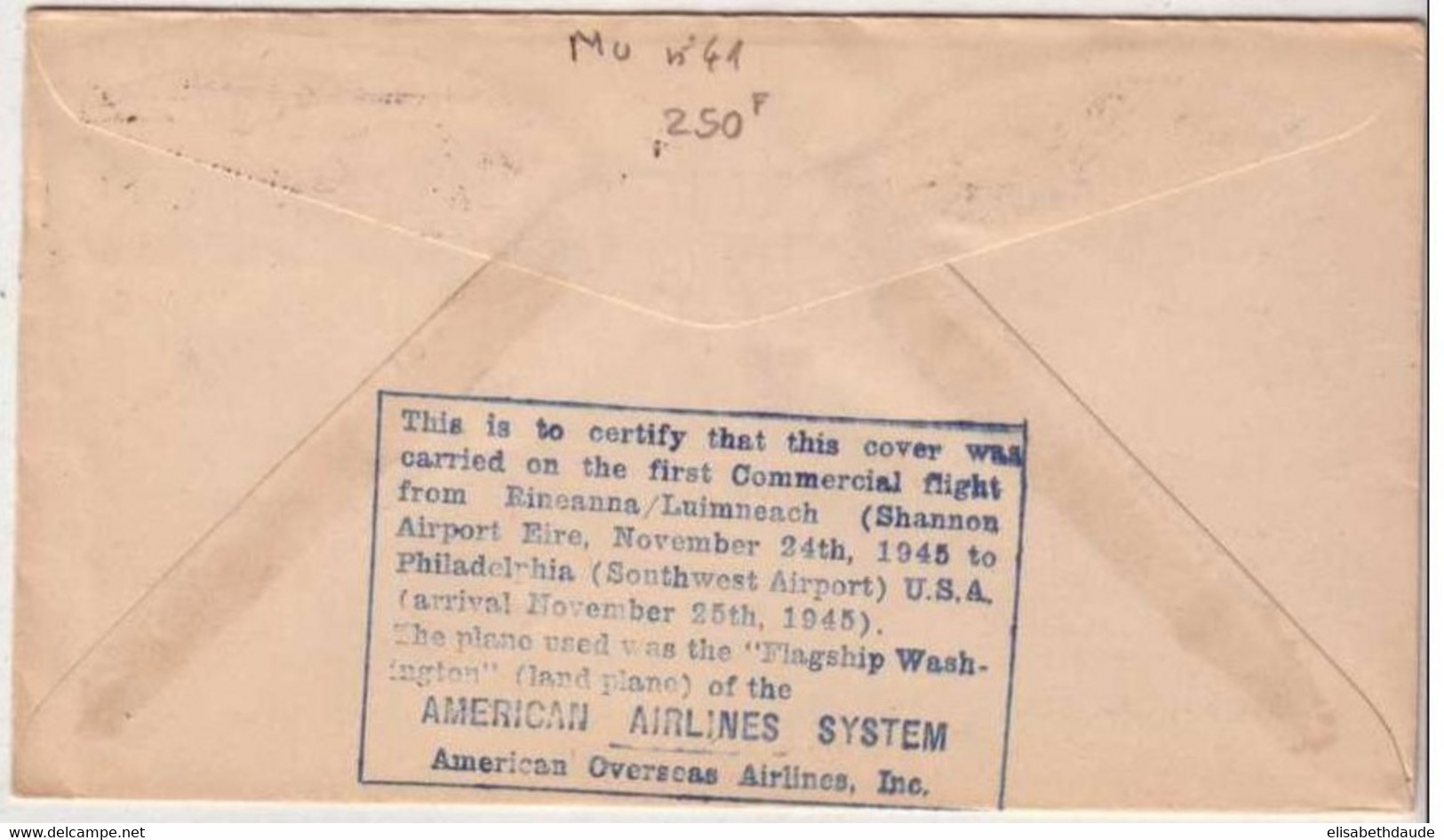 IRLANDE - 1945 - LETTRE De LUIMNEACH Pour PHILADELPHIA (USA) - LIAISON AERIENNE AMERICAN AIRLINES SYSTEM - Covers & Documents