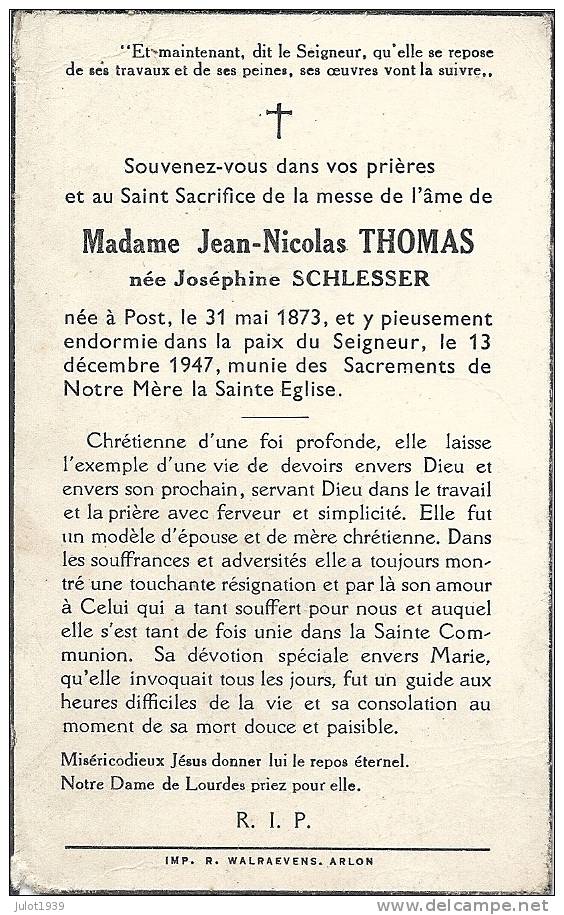 POST , 31 . 05 . 1873 ..-- POST , 13 . 12 . 1947 ..-- Joséphine Schlesser , épouse Jean - Nicolas Thomas . - Attert