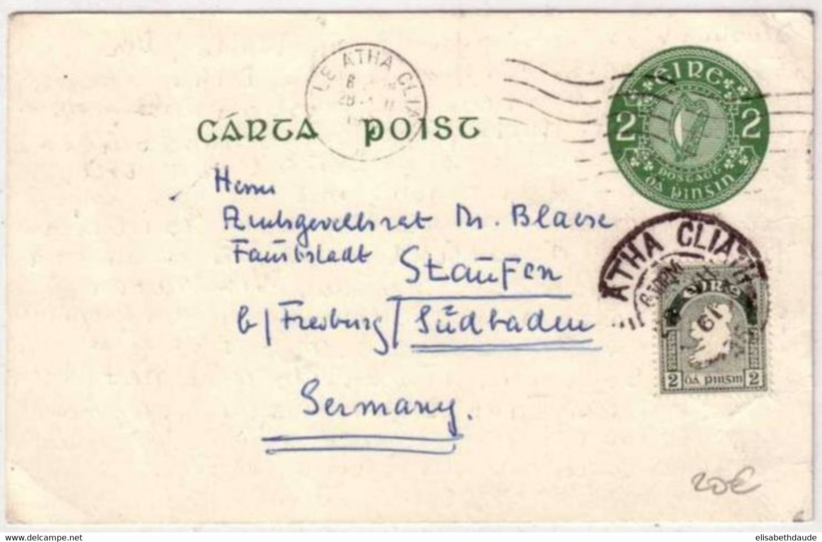 IRLANDE - 1961 - CARTE POSTALE ENTIER De DUBLIN Pour FREIBURG (BADEN) - RARE - Postwaardestukken