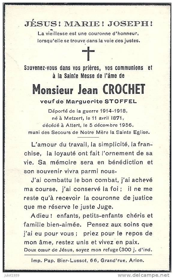 METZERT , 11 . 04 . 1871 ..-- ATTERT , 05 . 12 . 1956 ..-- Jean Crochet , Veuf De Marguerite Stoffel . - Attert