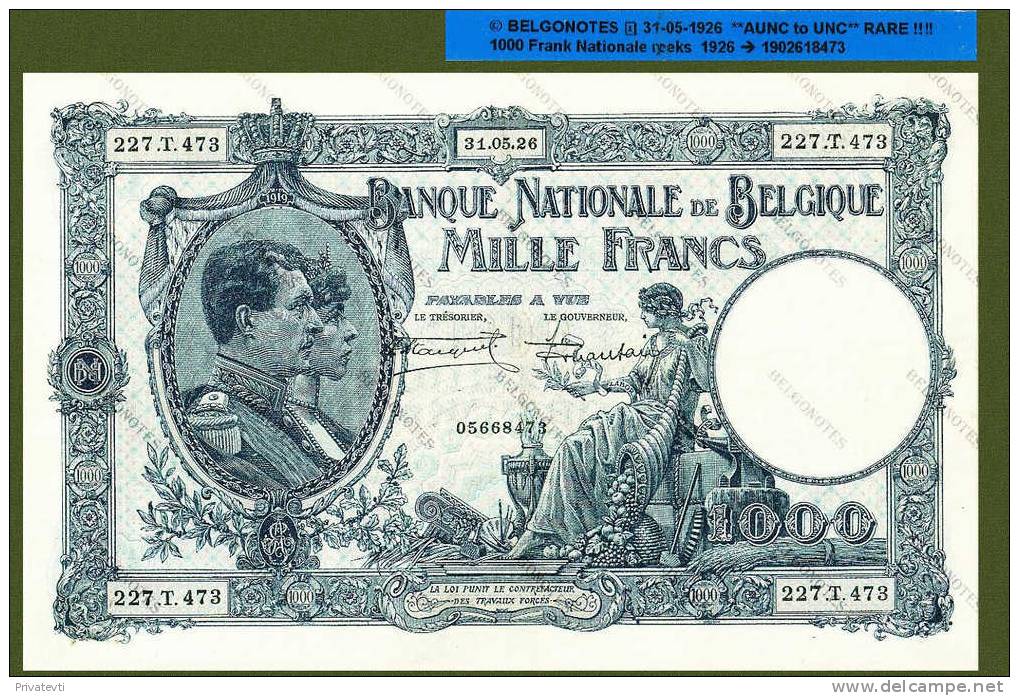 *Belgie - Belgique * 1000 Fr Nat. Reeks 31-05-26 **AUNC To UNC**RARE!!!!!*Lot 8473 - Other & Unclassified