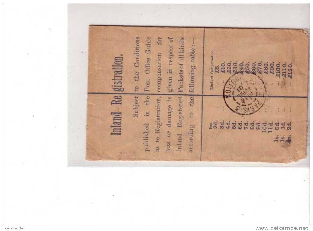 GRANDE BRETAGNE - ENVELOPPE ENTIER POSTAL RECOMMANDEE De CHINCFORD Pour PARIS - 1901 - COMPLEMENT 2.5 P. - Cartas & Documentos