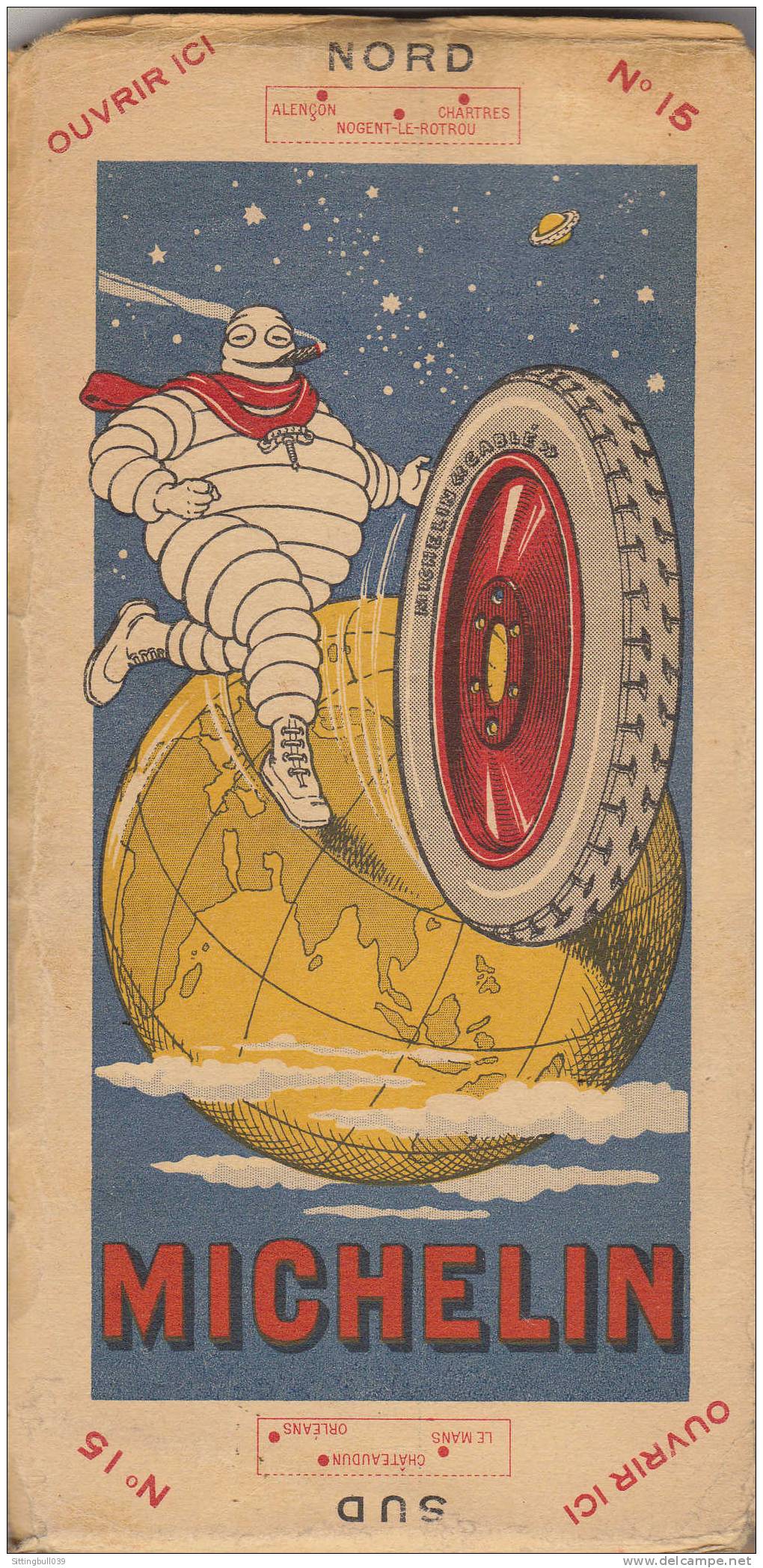 CARTE MICHELIN De LA FRANCE. N° 15. Le Mans-Orléans. Toilée. 1ère Série. Verso, Bibendum En Couleurs. Av. 1925 - Cartes Routières