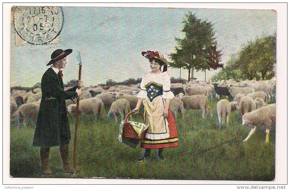 Cp , Agriculture , UNION POSTALE UNIVERSELLE , Troupeau De Moutons , Berger Et Bergère - Crías