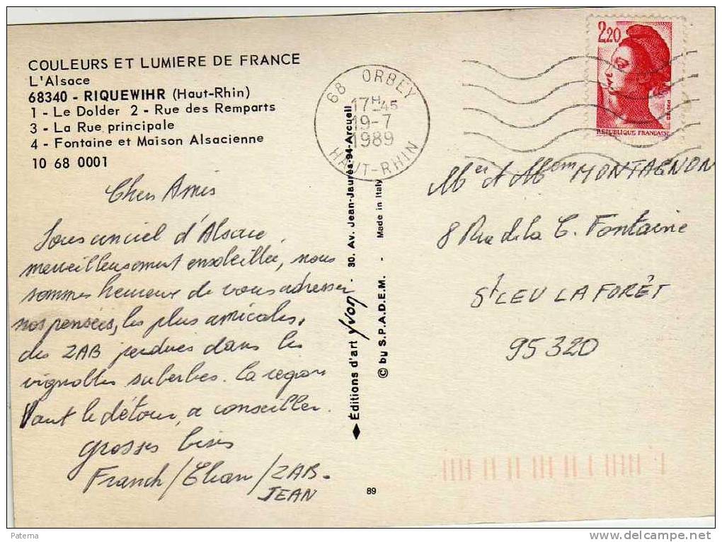 Postal, ORBEY 1989  (Francia) Post Card, - Storia Postale