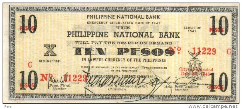 PHILIPPINES 10 PESOS BLACK  MOTIF FRONT & BACK  NEGROS OCCIDENTAL DATED 30.12. 1941 AUNC PS.619 READ DESCRIPTION !! - Filippine