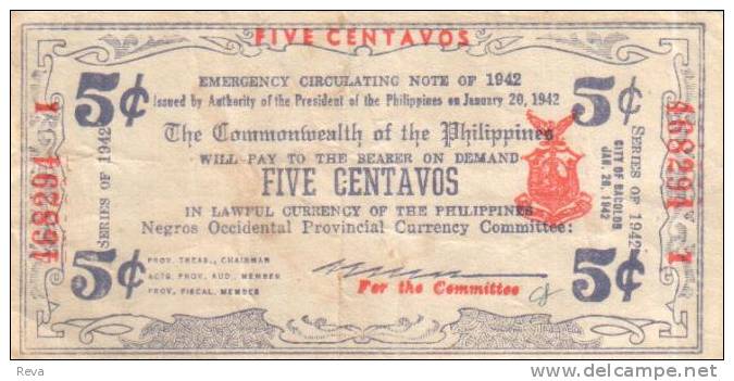 PHILIPPINES 5 CENTAVOS BLACK  MOTIF FRONT & BACK  NEGROS OCCIDENTAL DATED 26.01. 1942 VF PS.640a READ DESCRIPTION !! - Filipinas