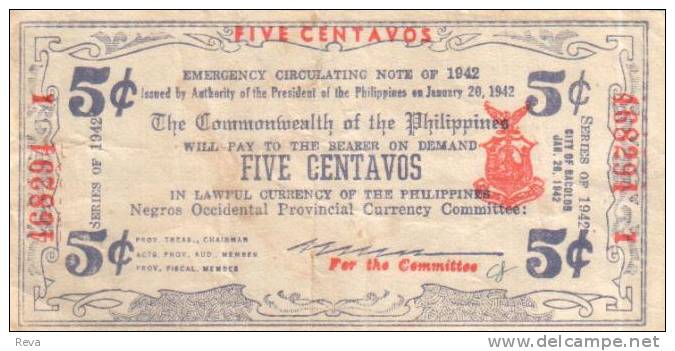 PHILIPPINES 5 CENTAVOS BLACK  MOTIF FRONT & BACK  NEGROS OCCIDENTAL DATED 26.01. 1942 VF PS.640a READ DESCRIPTION !! - Philippines