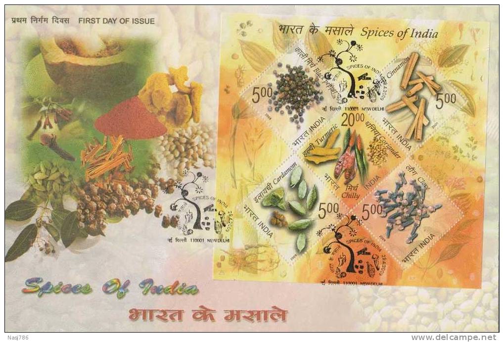 Spices Of India, Clove, Turmeric, Black Pepper, Chilly, Coriander, Cardamom, Cinnamon, Herbal Medicine, MS On FDC, India - Cartas & Documentos