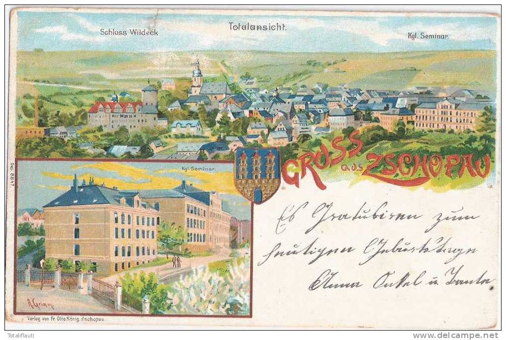 Zschopau Color Litho Geprägt Königliches Seminar 19.2.1906 Gelaufen Nachgebühr - Zschopau