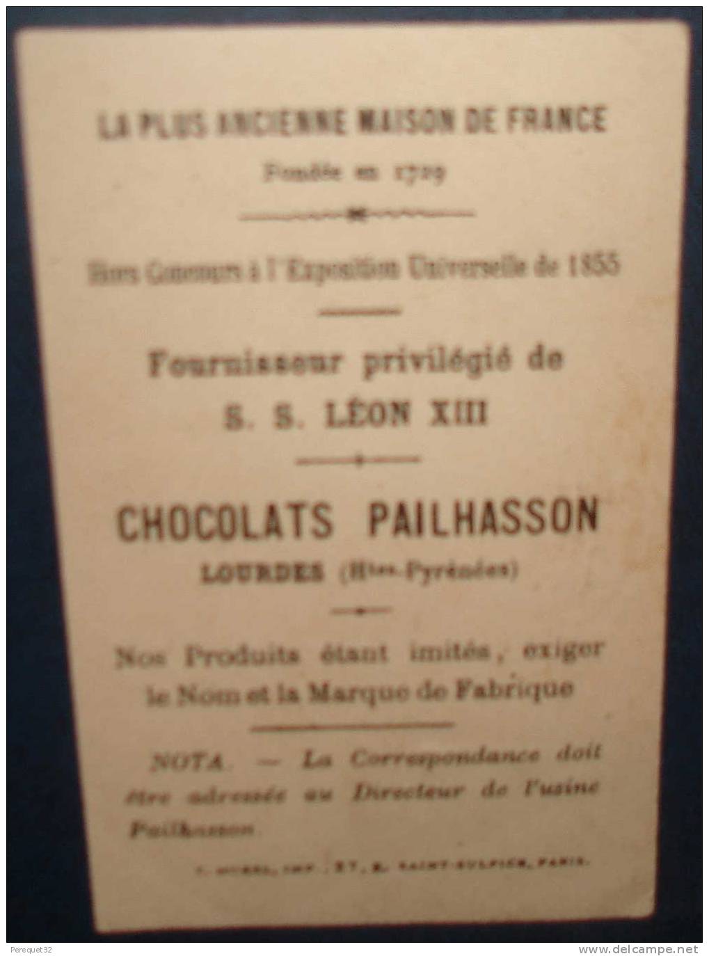 Chocolats PAILHASSON.LOURDES.Dim 103 X65.Be - Schokolade