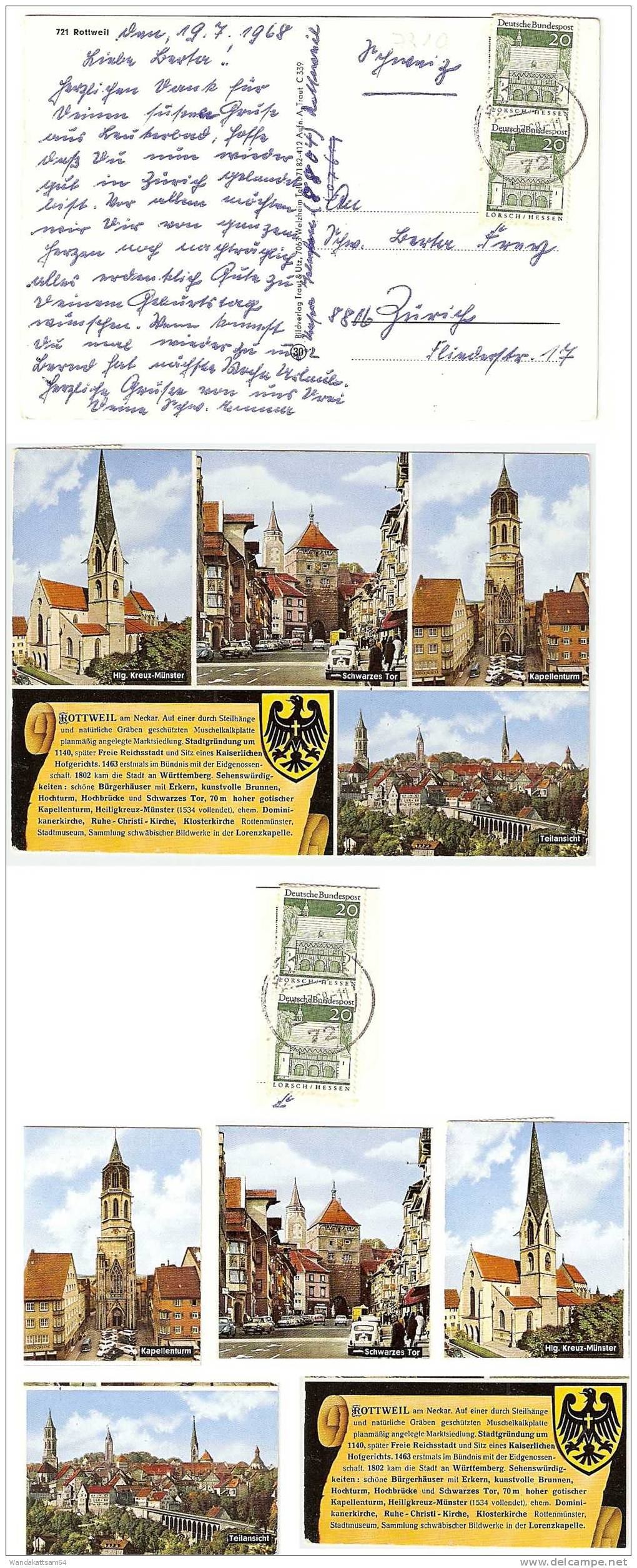 AK 339 ROTTWEIL Am Neckar Mehrbild 4 Bilder Mit Chronik Und Wappen 20.-7.68 - 11 721 ROTTWEIL Mehrfachfrankat - Rottweil