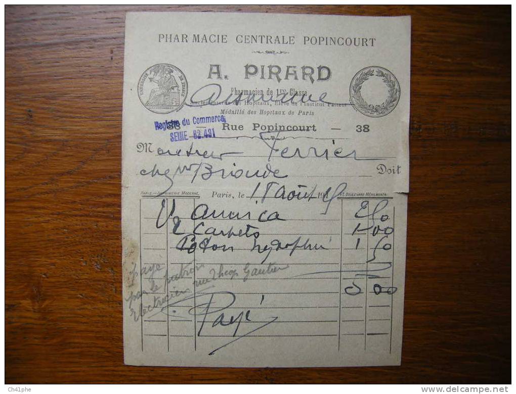 PHARMACIE CENTRALE PARIS 38 RUE DE POPINCOURT / A PIRARD MEDAILLE DES HOPITAUX DE PARIS - Drogisterij & Parfum