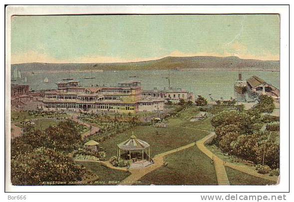 GOOD OLD IRELAND POSTCARD - KINGSTOWN Harbour & Mail Boat Station - Dublin