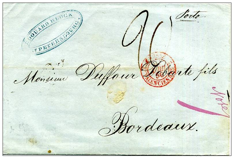 1850- Lettre De ST PETERSBOURG Pour Bordeaux ( France ) Taxe 20 -entrée Par Valenciennes - ...-1857 Vorphilatelie