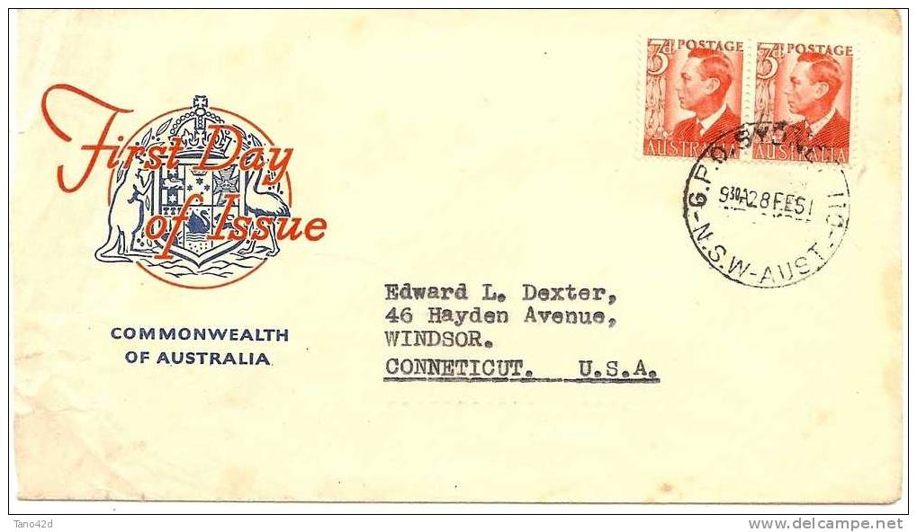 REF LIT9 - GAL OUTR / AUSTRALIE GEORGE VI EN PAIRE SUR FDC VOYAGEE SYDNEY / CONNETICUT 28/2/1951 - Primo Giorno D'emissione (FDC)