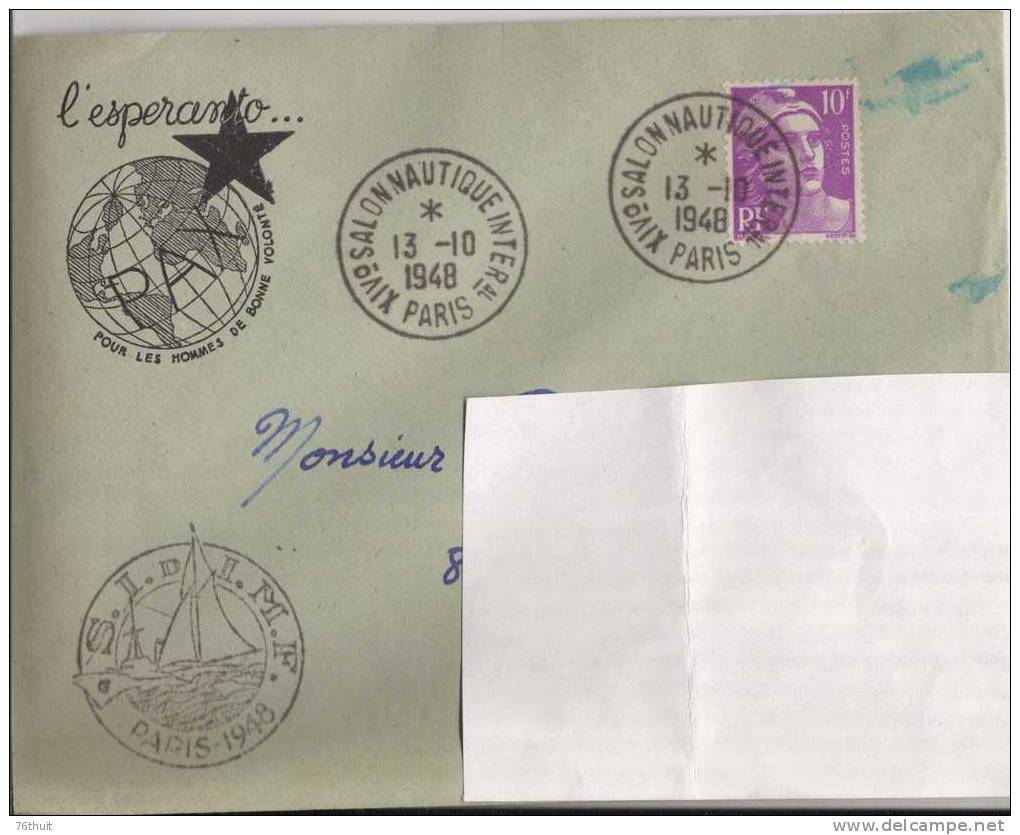 1948 - Enveloppe Lettre - SALON NAUTIQUE - PARIS -  Sur Enveloppe Espéranto - Pour Elbeuf - Esperanto