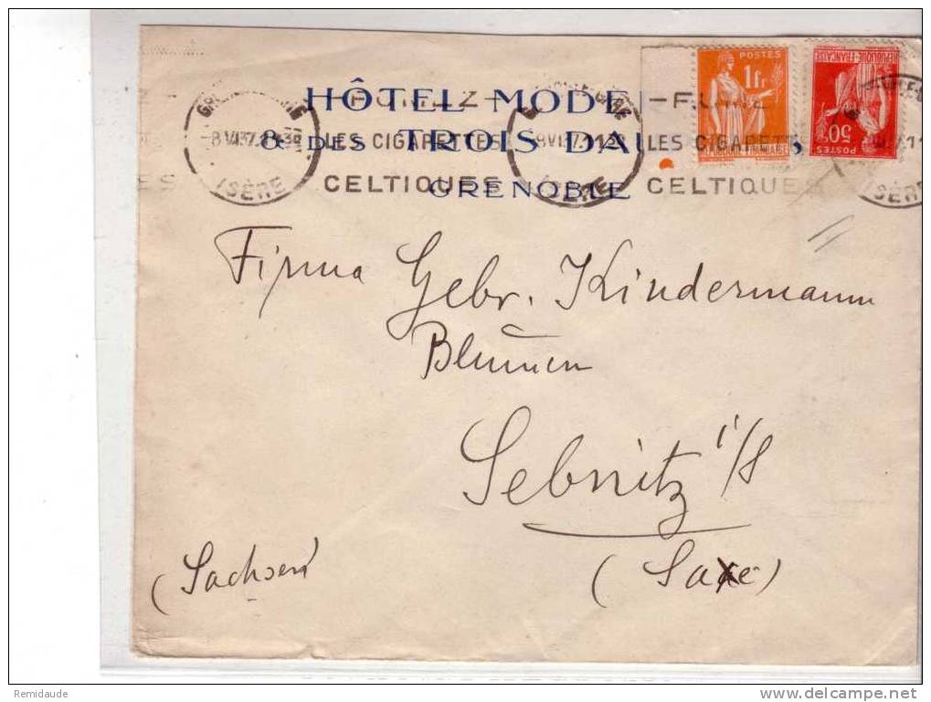 ENVELOPPE DECOREE - PAIX 50c+1F Sur LETTRE COMMERCIALE (HOTEL MODERNE CARTE) De GRENOBLE Pour La SAXE (SACHSEN) - 1937 - Lettres & Documents