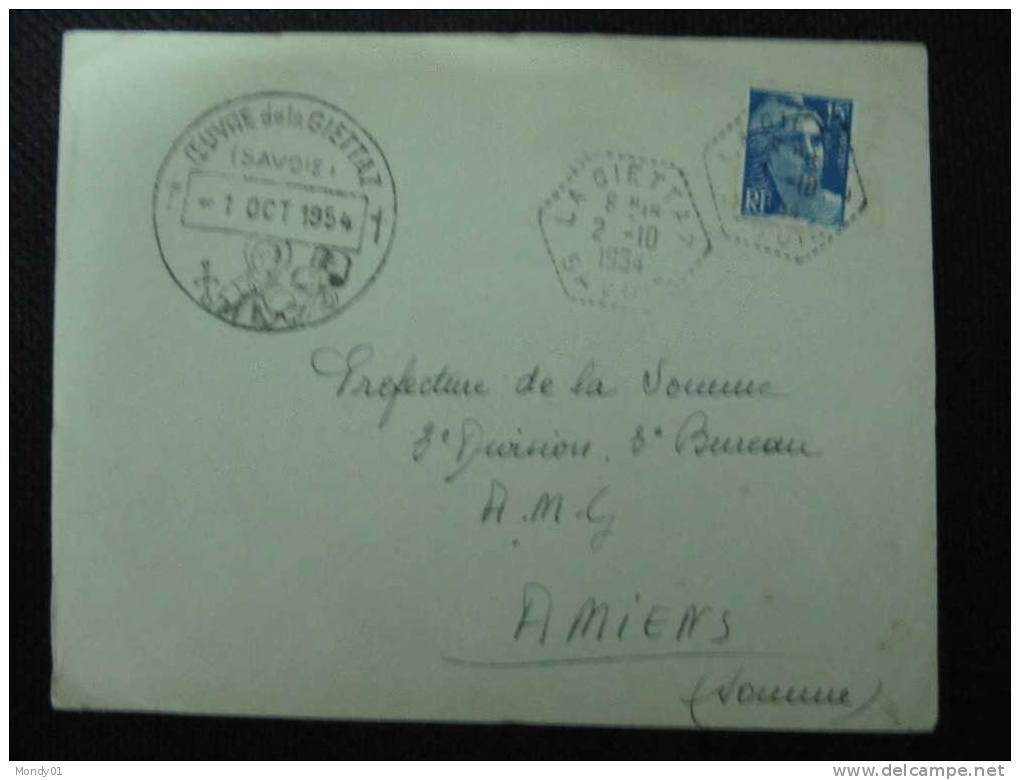 4-438 Recette Auxiliaire Gérance Gratuite Oeuvre Giettaz Armure 15f  Gandon Cad  Timbre Hexagonal 1954 Savoie Amiens - Briefe U. Dokumente