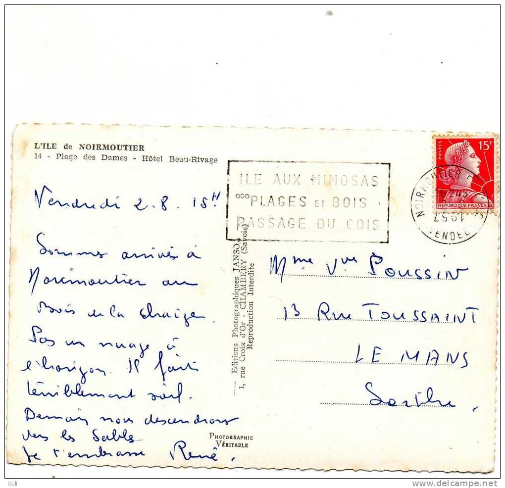 [85] Vendée >  Ile De Noirmoutier  - Plage Des Dames-Hôtel Beau-Rivage -année: 1957 * PRIX FIXE - Ile De Noirmoutier