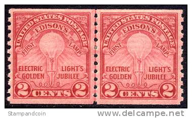 US #656 XF Mint Hinged Elec. Light Golden Jubilee Issue Coil Line Pair From 1929 - Roulettes