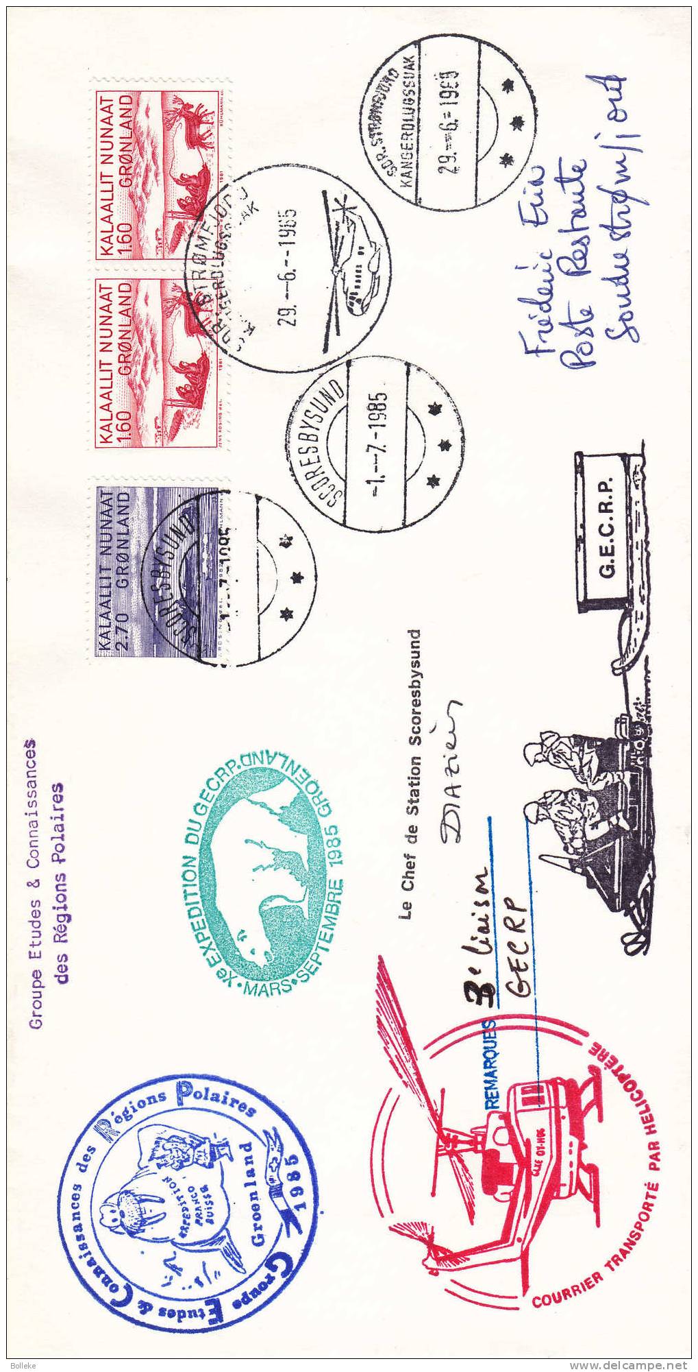 Philatélie Polaire - Groenland - Hélicoptères - Chiens - Trainaux - Pêche - Lettre De 1985 - Avec Signature - Stations Scientifiques & Stations Dérivantes Arctiques